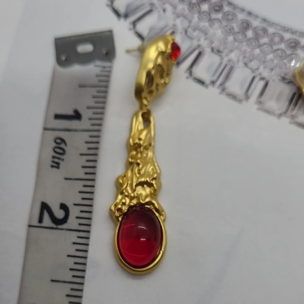 NWT Vintage Baroque Palace Red Crystal Gold Drop Earrings